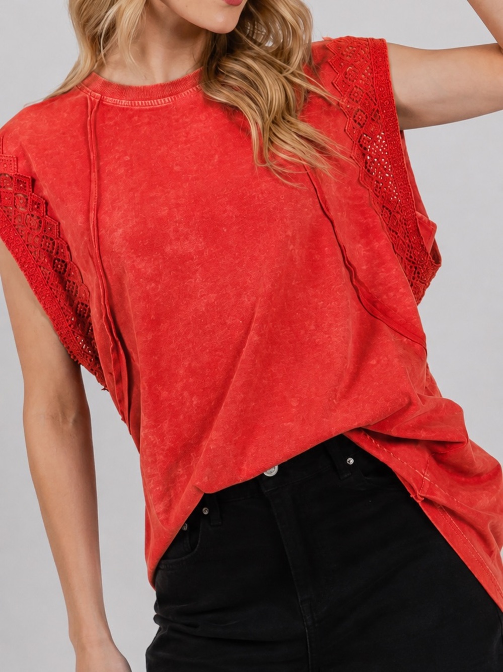 Three Bird Nest Sewn + Seen Mineral Wash Crochet Trim Top Red Size M